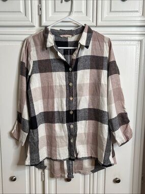 Soft Surroundings Black & Cream Plaid Button-Up sz M